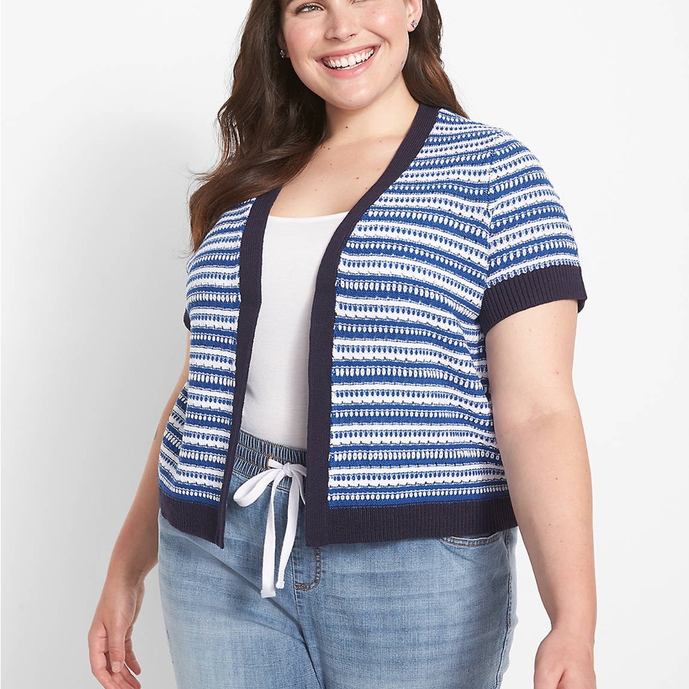 Navy Stripe Cropped Open Front Short-Sleeve Sweater